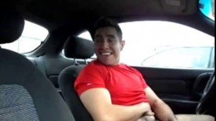 Hairy Latino bud jacks off in his car